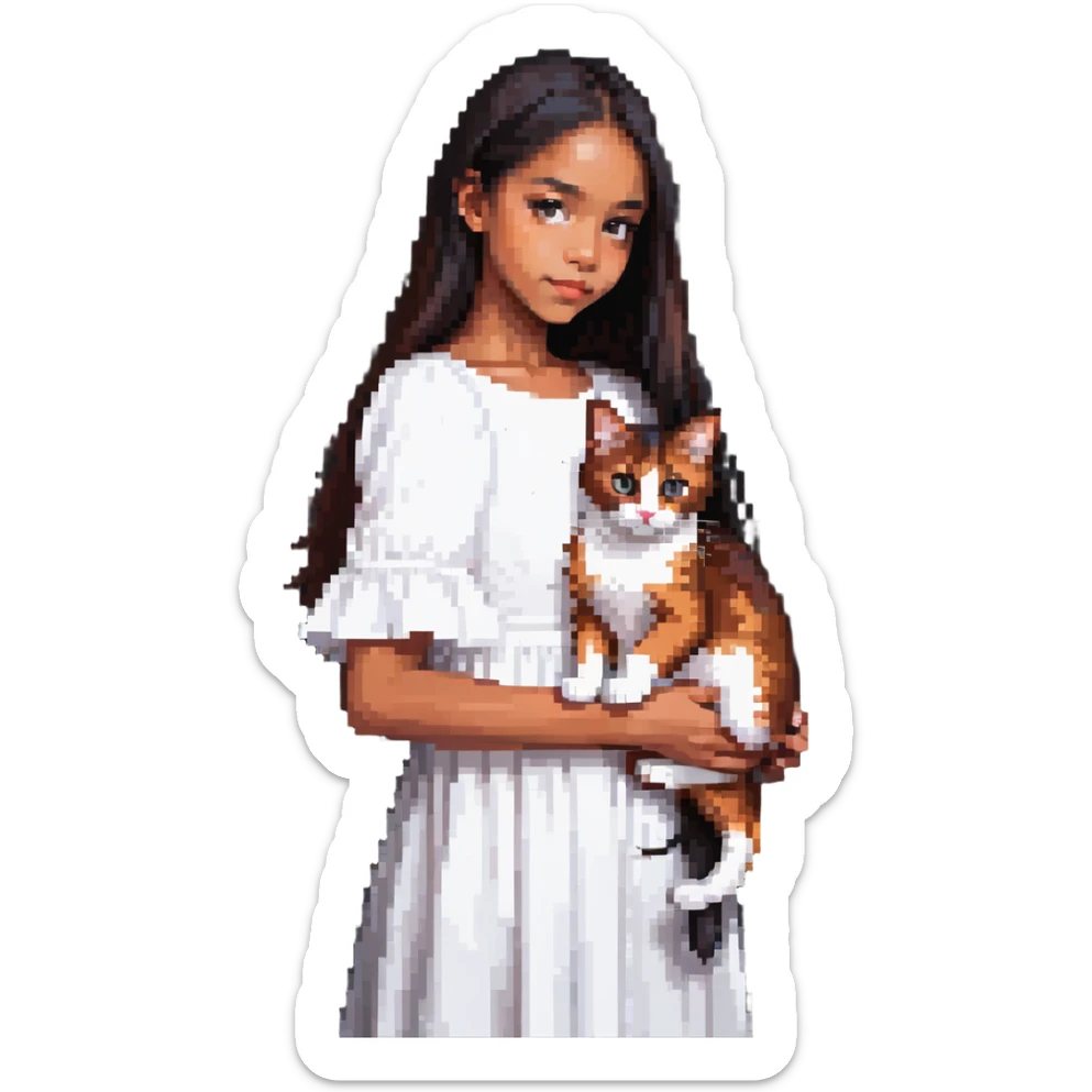 beautiful girl with long black hair wearing a white dress holding an Abyssinian cat with reddish-brown fur in her arms, close-up sticker
