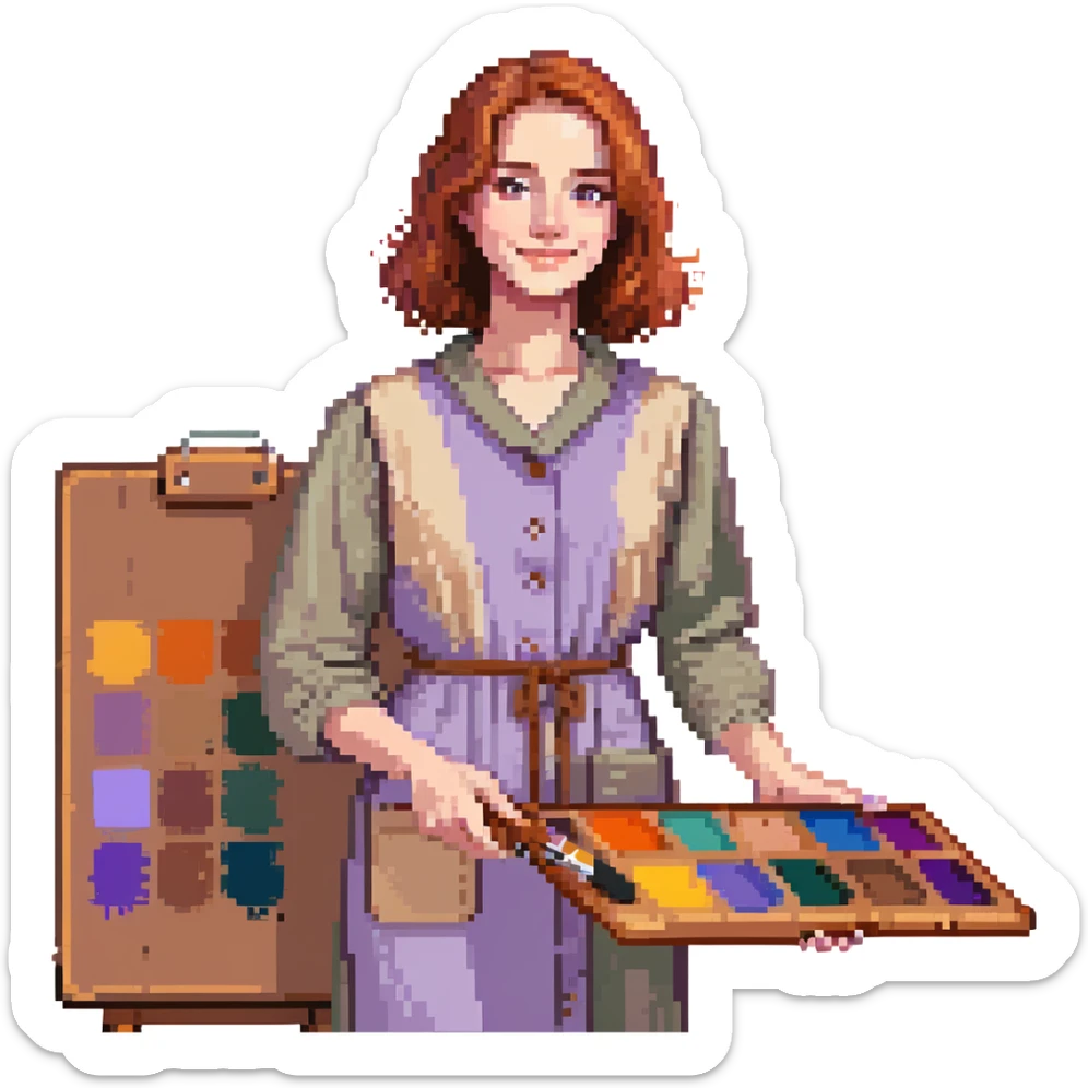Serene female oil painter, Caucasian features, shoulder-length auburn hair, soft brown eyes, gentle smile, wearing a violet painter’s smock lightly stained with paint over a beige blouse, holding a wooden palette with vibrant colors in one hand and a brush in the other, waist-up, front-facing sticker