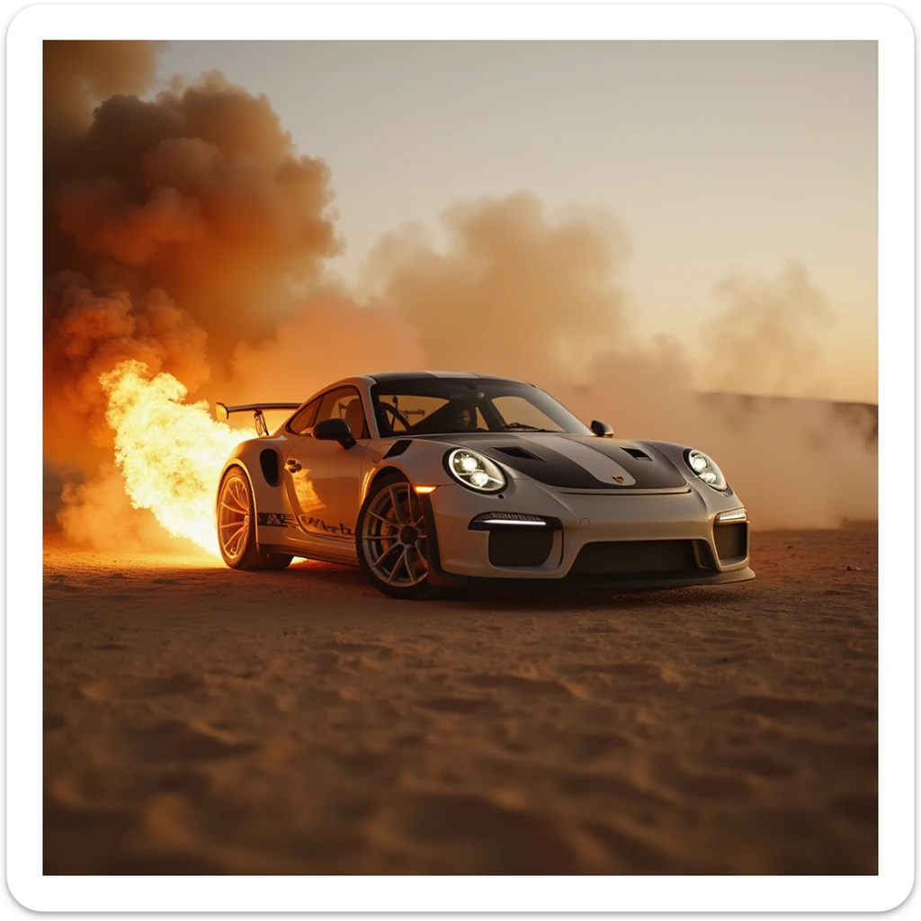 Cinematic shot, Porsche 911 gt3 rs in fire, desert sticker