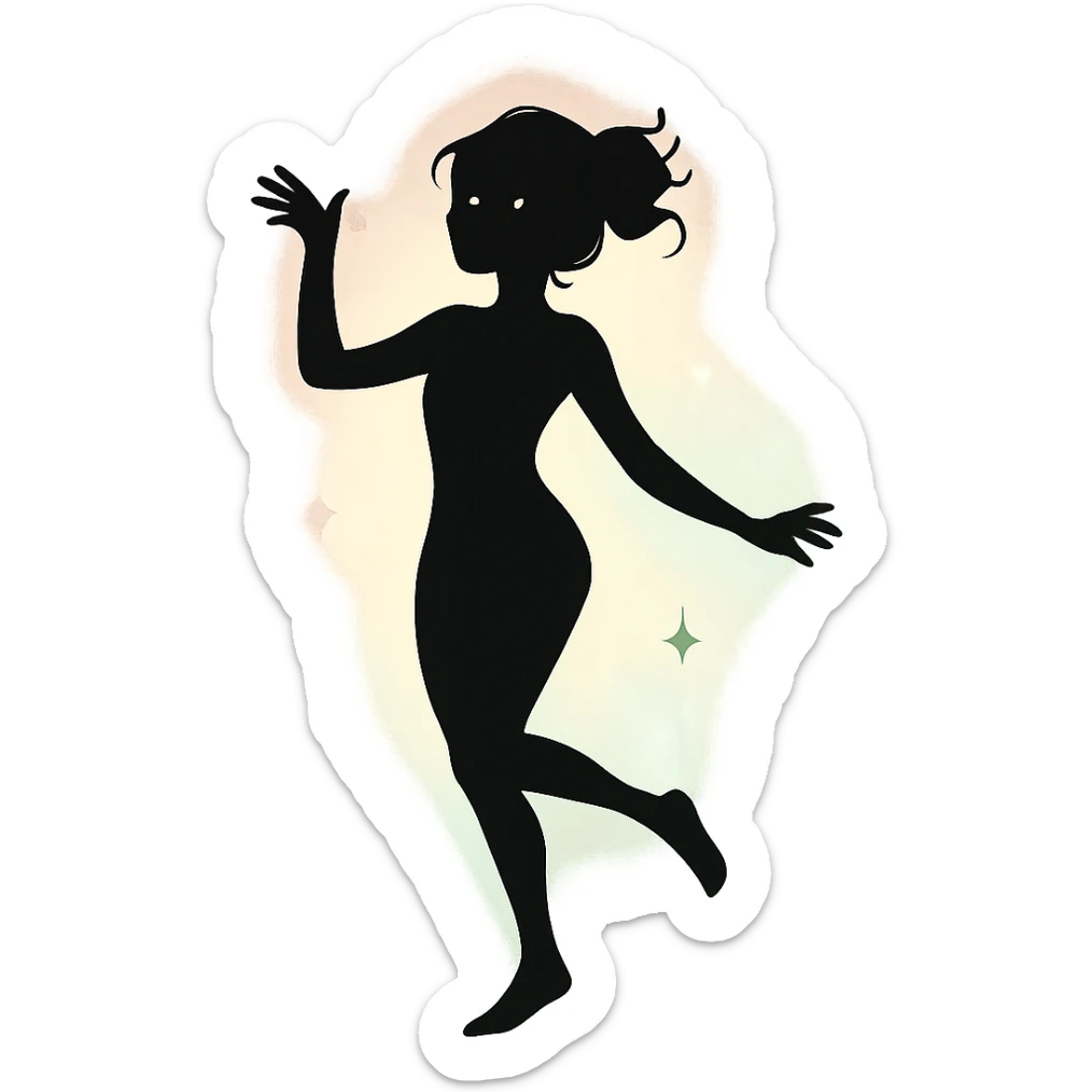 minimalist silhouette of a radiant, delicate figure with a soft pastel aura, a hint of sparkle in the eyes, and a graceful pose, exuding carefree charm and playful chaos sticker