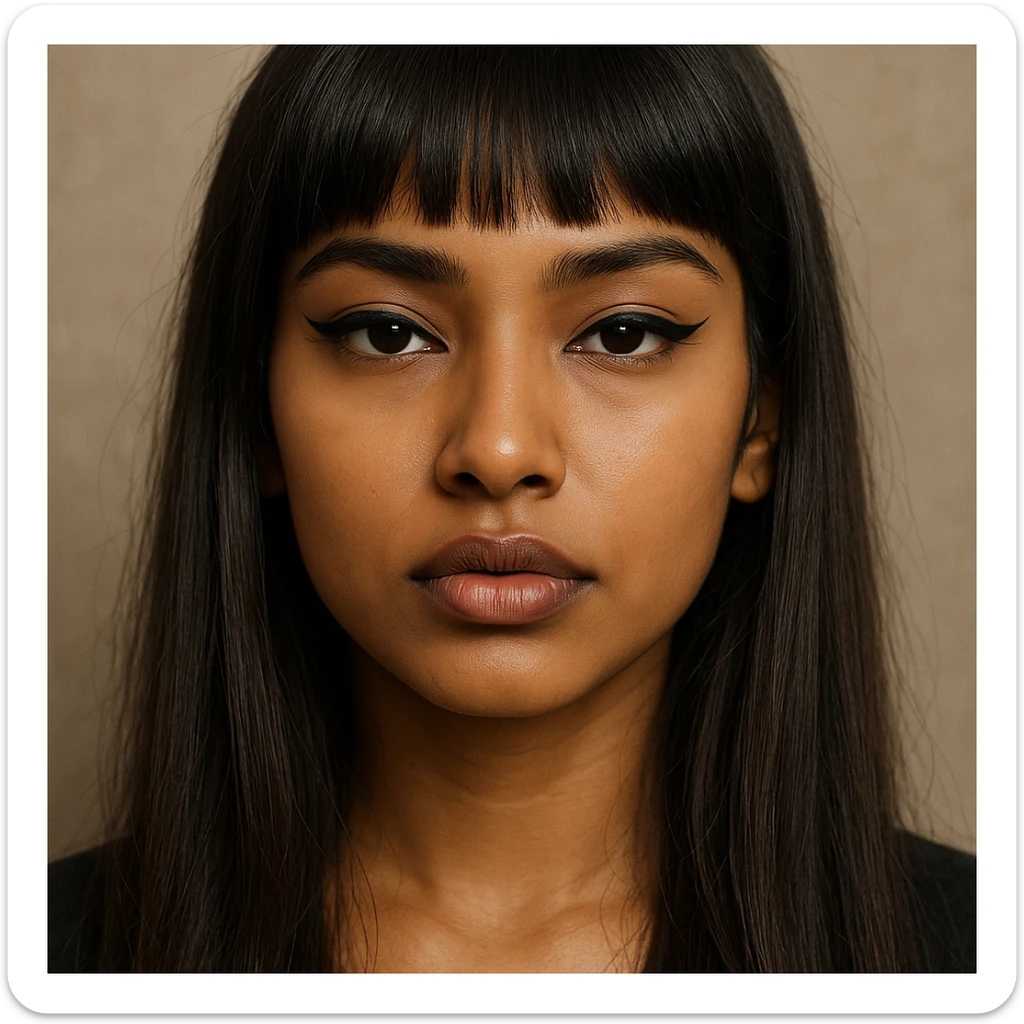 portrait of an Indian girl with straight long hair and a fringe, big lips, slightly slanted eyes, winged eye liner, detailed face, realistic style sticker