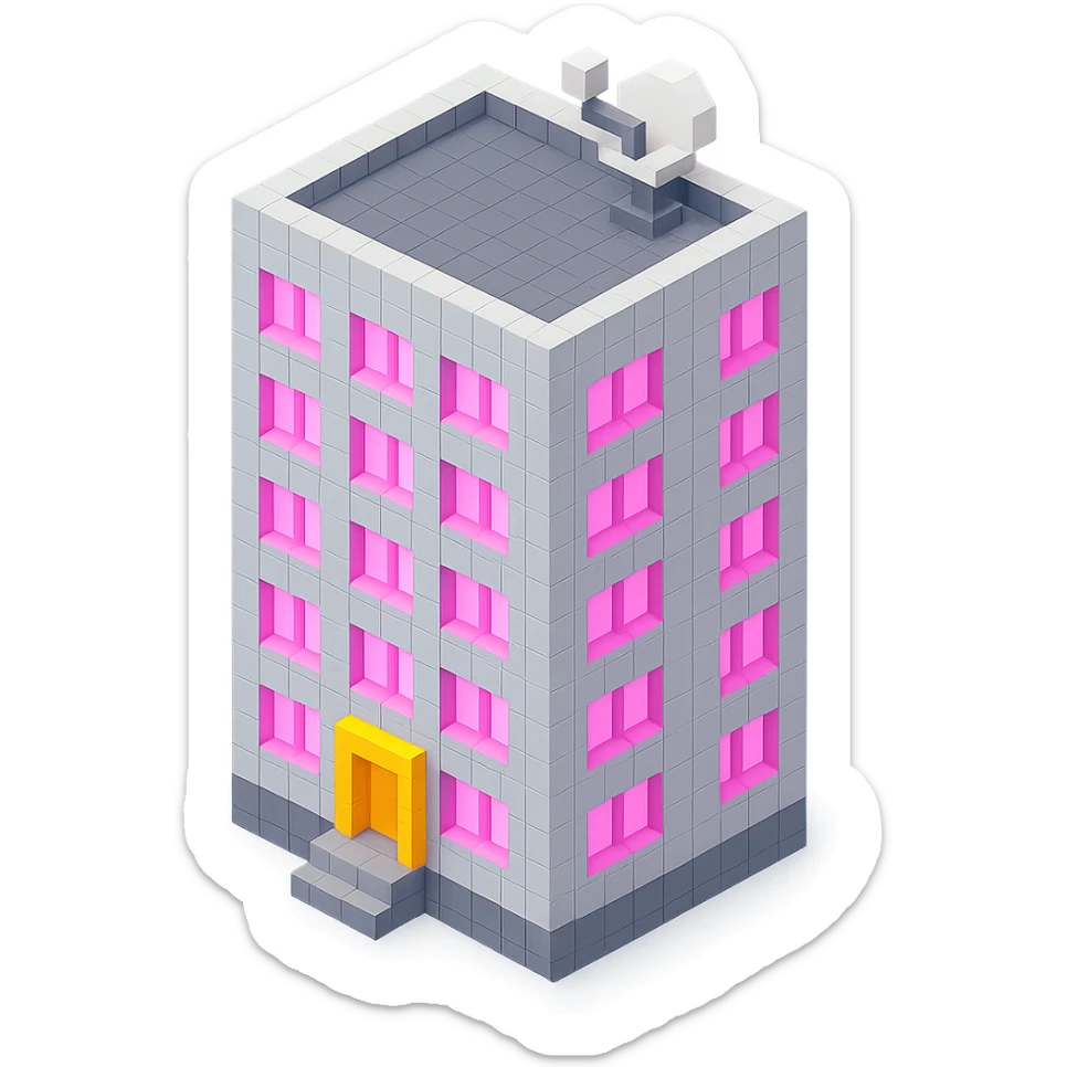Russian panel apartment building, square block, light gray, pink glowing windows, visible entrance, satellite TV dish on the roof, isometric view sticker