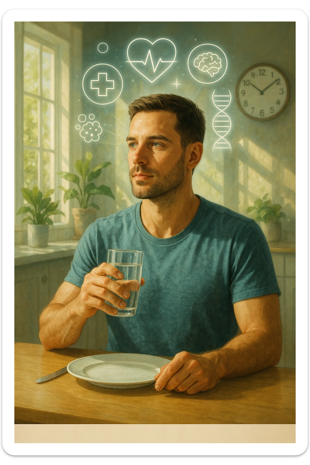 A realistic, cinematic illustration of a healthy, calm man in his early 30s sitting in a bright kitchen in the morning, with an empty plate in front of him and a glass of water in his hand, looking serene and focused. Behind him, the background shows subtle symbols of health: green plants, sunlight streaming in, and a blurred wall clock showing 10:00, symbolizing the fasting window. Above the man, a translucent overlay of medical icons (heart, brain, DNA strand) glows softly, illustrating that intermittent fasting acts as a powerful medicine, not merely a diet. The color palette is fresh and natural, emphasizing health, clarity, and focus. The style is realistic with slight cinematic tones, conveying that the man is using intermittent fasting as a tool for cellular regeneration, inflammation reduction, and health optimization rather than weight loss sticker