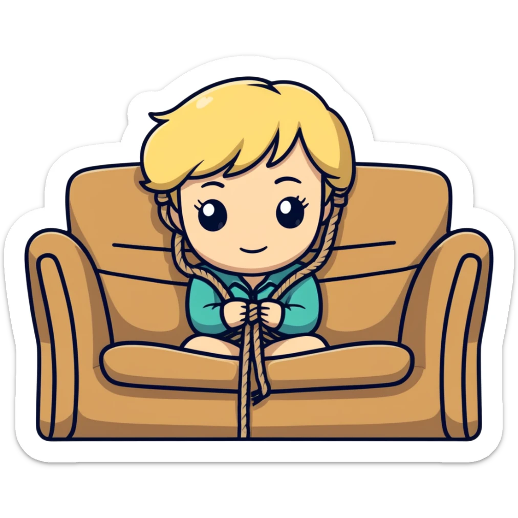 Blonde girl, tied in lots of rope, on sofa sticker