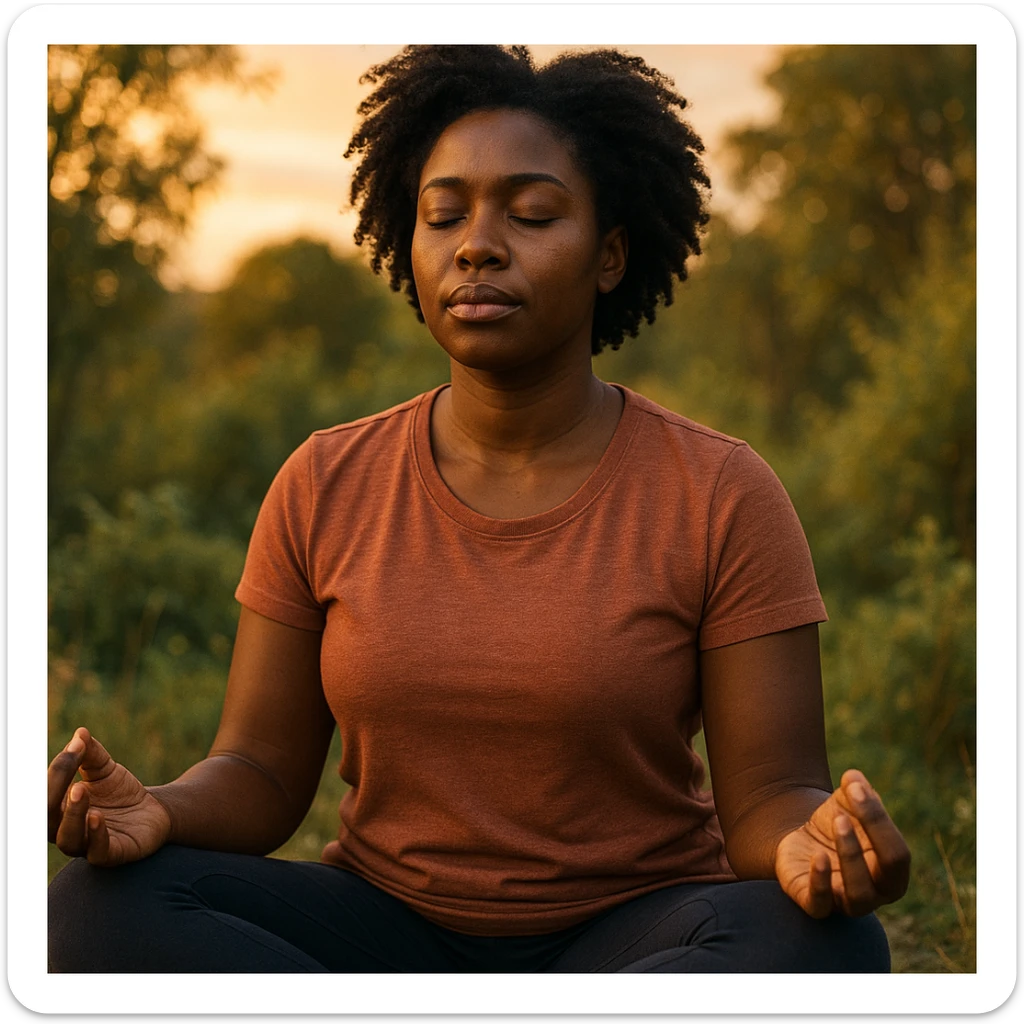 realistic style portrait of a black woman meditating, with a nature background and warm light sticker