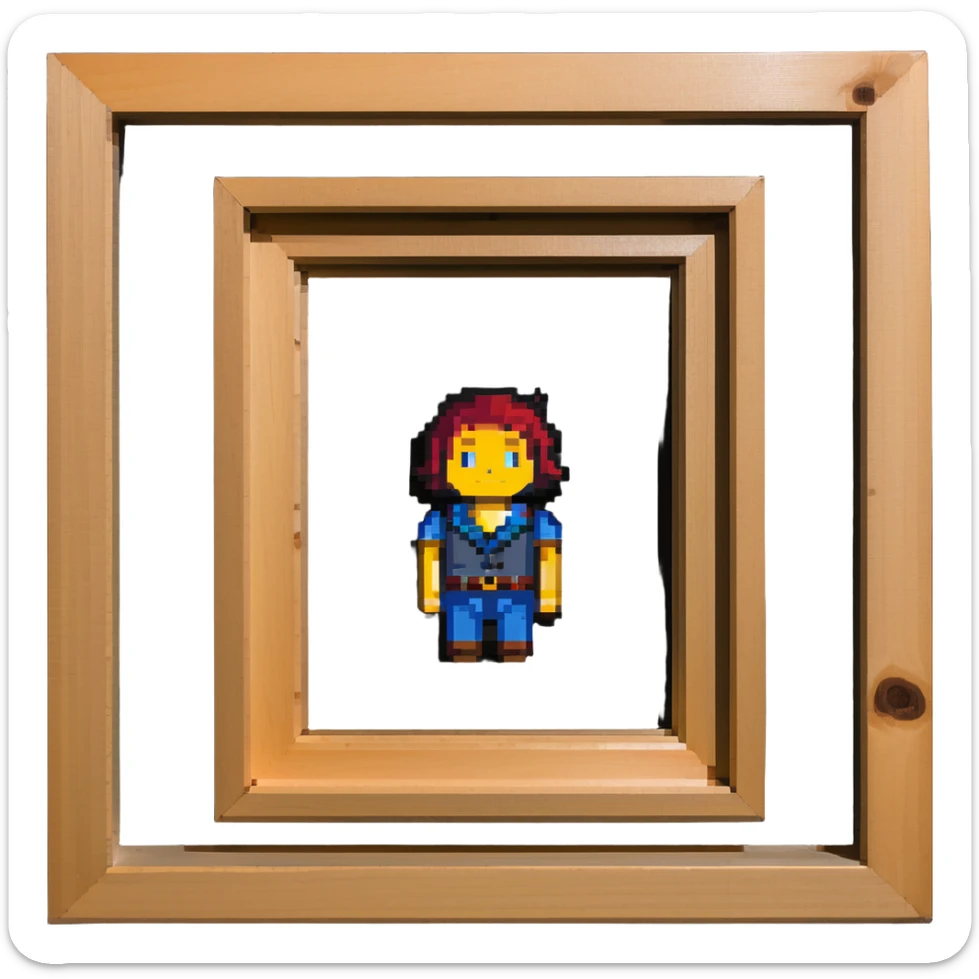 A pixelated portrait of a man in a wooden picture frame sticker