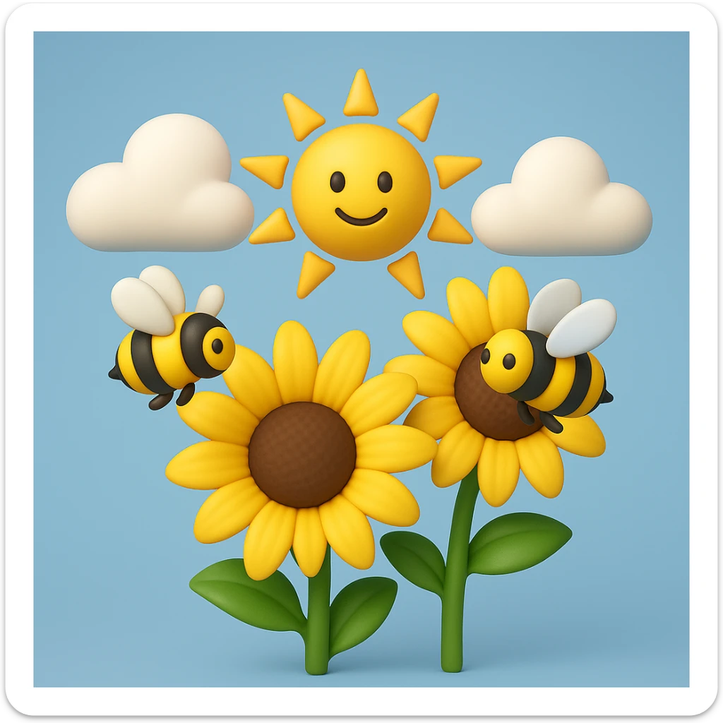 3D iOS style emoji of sunflowers with bees, a sun, and clouds in the background sticker