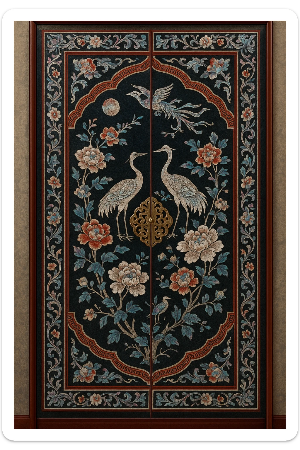 door decorated with traditional Korean mother-of-pearl art, luxurious and delicate atmosphere, intricate and colorful traditional lacquerware patterns, traditional colors and textures sticker
