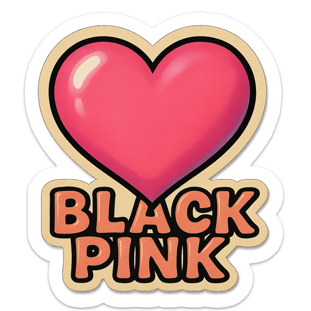 retro sticker style album cover with a large pink heart, black background, bold outlines, and the word 'BLACKPINK' in playful lettering sticker