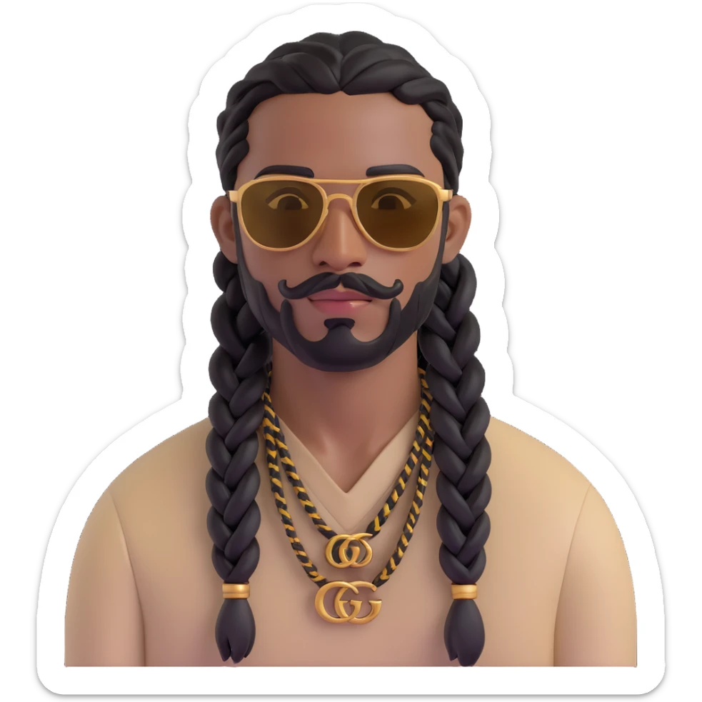man with medium to dark skin tone, black hair braided into tight braids, neat beard and mustache, rectangular gold sunglasses, light beige Gucci top with GG pattern sticker