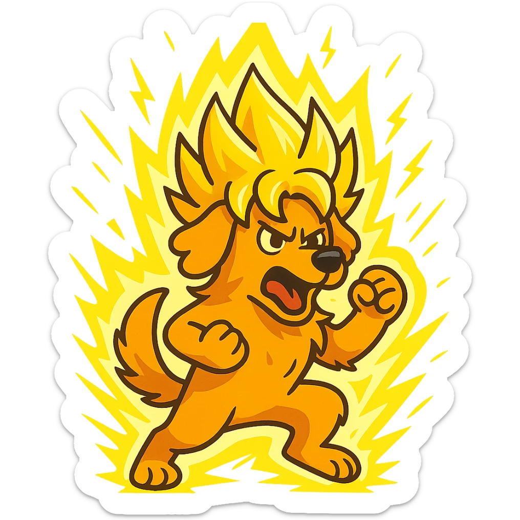 cartoon golden retriever going super saiyan, glowing hair, energy aura, dynamic pose, intense yellow energy sticker