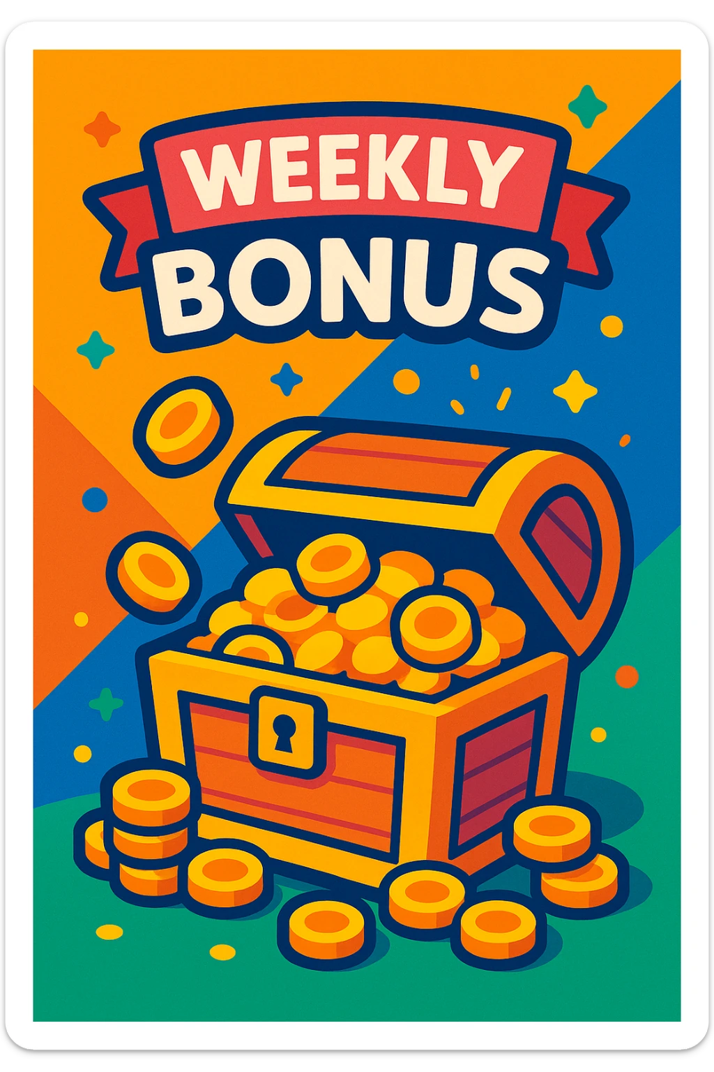 treasure chest overflowing with coins and a 'Weekly Bonus' banner, cheerful game-inspired style sticker