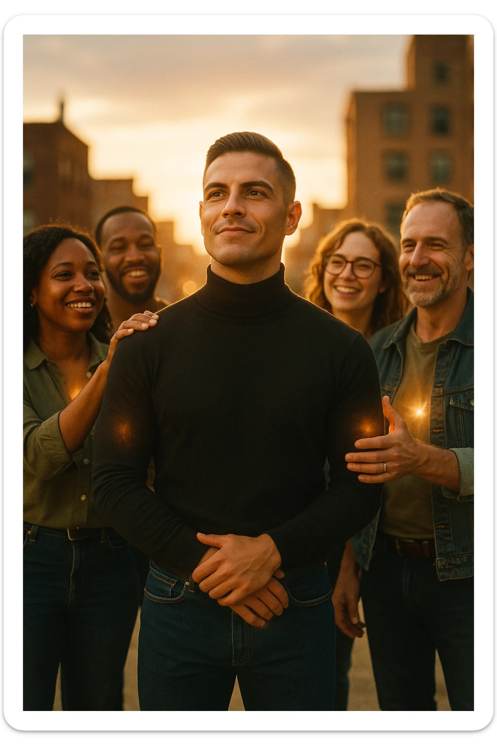 A cinematic scene of a man in his early 30s standing at the center of a sunlit urban rooftop during golden hour, surrounded by a diverse group of supportive, smiling people — friends, mentors, colleagues. They’re standing slightly behind or beside him, hands on his shoulder or gesturing toward him with encouragement. The man looks forward with a confident, inspired expression, body slightly relaxed, as if something inside di lui sta cambiando. The light behind the group forms a halo effect, emphasizing warmth and unity. Subtle visual symbolism: faint glow around their hands and hearts, suggesting their energy is uplifting him. Realistic clothing, modern style — jeans, T-shirts, casual jackets. The mood is inspiring, grounded, and full of potential. Shot in 35mm film style, with rich warm tones, shallow depth of field, and vibrant human detail. sticker