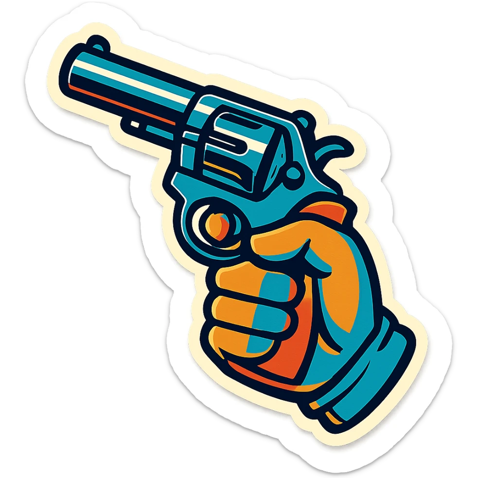 male hand holding a revolver, retro stickers style, clear black outlines, expressive shadows and highlights, no gradients, only sharp color transitions, hand wearing a glove sticker