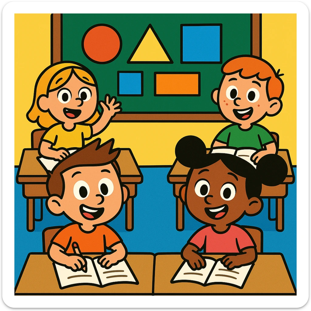 children sitting at desks with notebooks in front of them, geometric shapes lesson, cheerful, cartoon style sticker