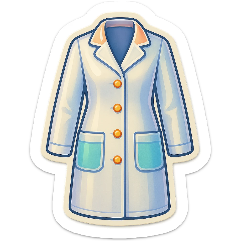 female medical coat with pockets full length, no girl, front view, retro stickers style, soft rounded shapes, clean contours, pastel palette, detailed shadows and highlights, modern illustration, transparent background sticker