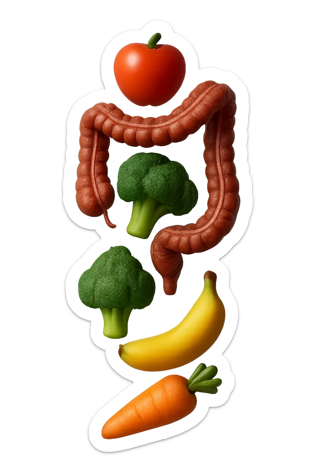 emoji stile iphone in 3d di cibo sano che fluttua in aria vericalmente insieme a pezzi di colon umano anatomico, iperrealistico 4k sticker