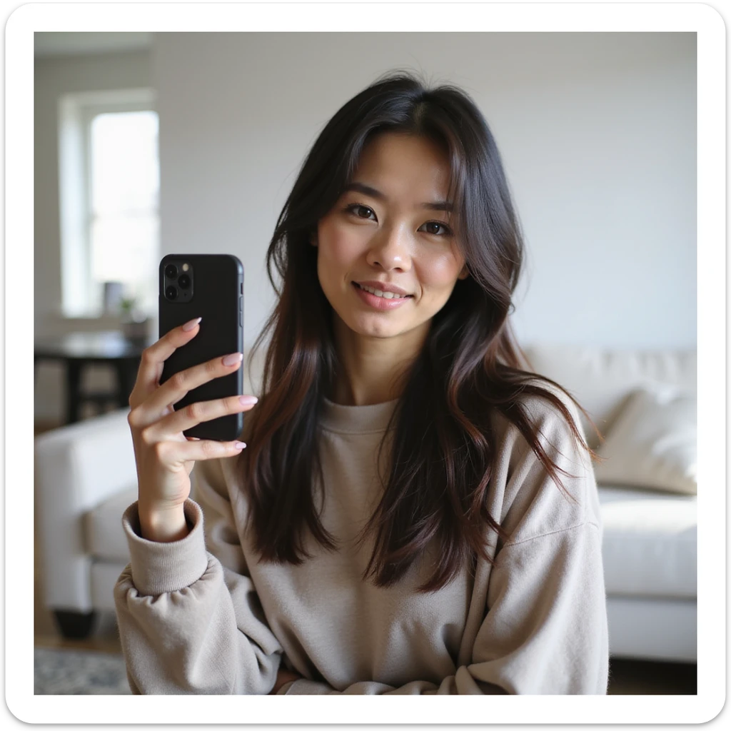 realistic PNG image of a woman with long straight dark brown-black hair holding an iPhone recording a TikTok video wearing casual clothes with a neutral expression in a bright living room transparent background sticker