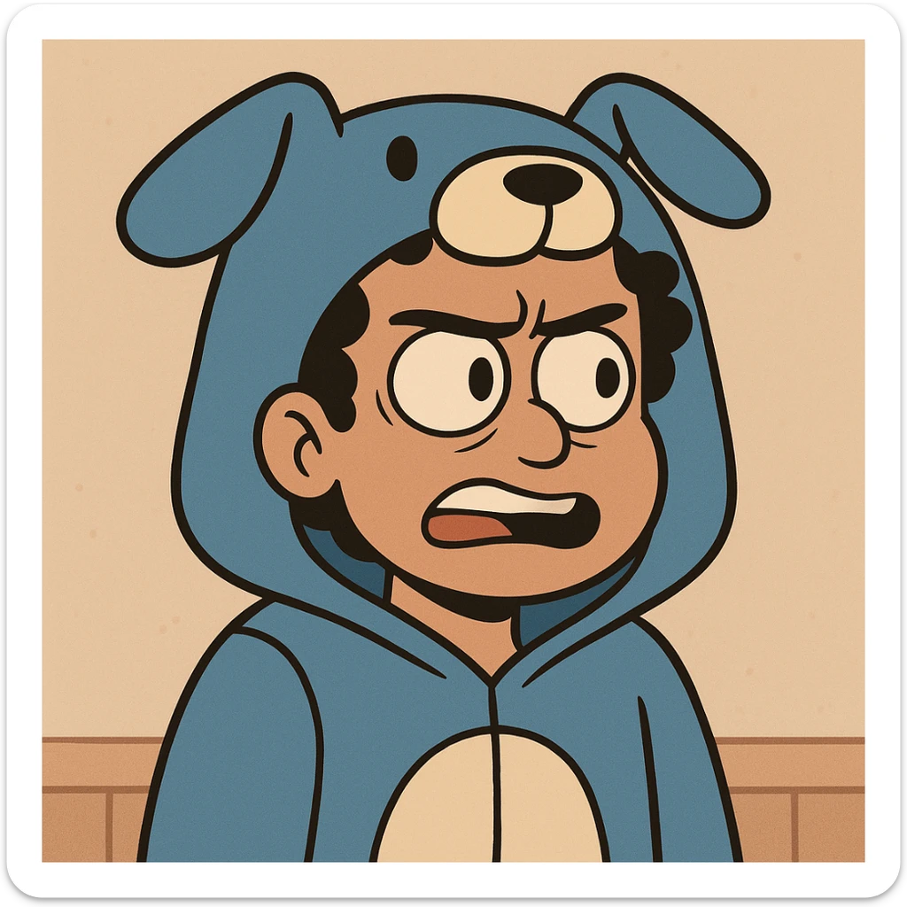 cartoon face of OMZ inspired by the reference image, blue dog onesie hood, curly black hair, brown eyes sticker