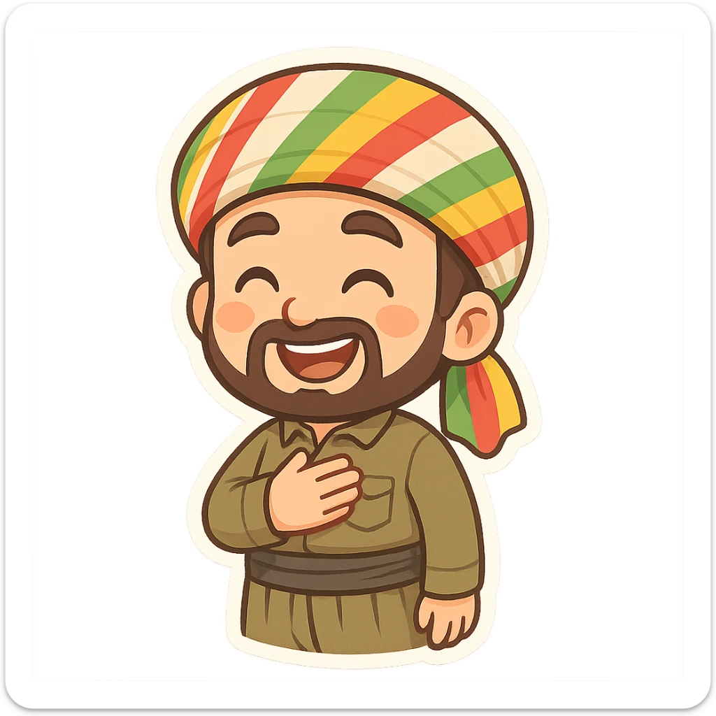 cartoon sticker of a Kurdish man in traditional clothing with hat, hand on chest (salute) pose, open smile, colorful and cheerful, no text, suitable for WhatsApp and Instagram sticker