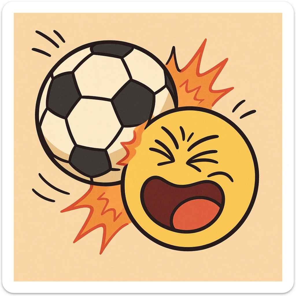 a soccer ball and a smiley face at the moment of impact, fun, animated, lively expression, playful, vibrant colors, bold outlines, energetic sticker