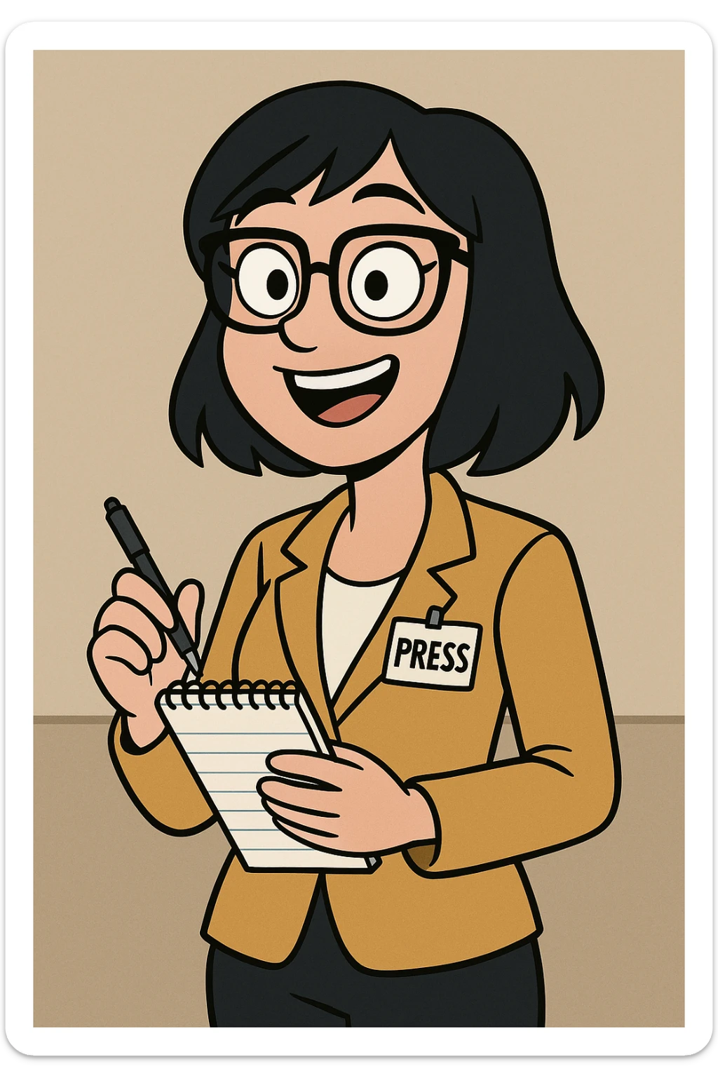 cheerful female reporter with black hair, blue eyes, and glasses, holding a notebook and pen, prepared to interview someone, modern cartoon style sticker