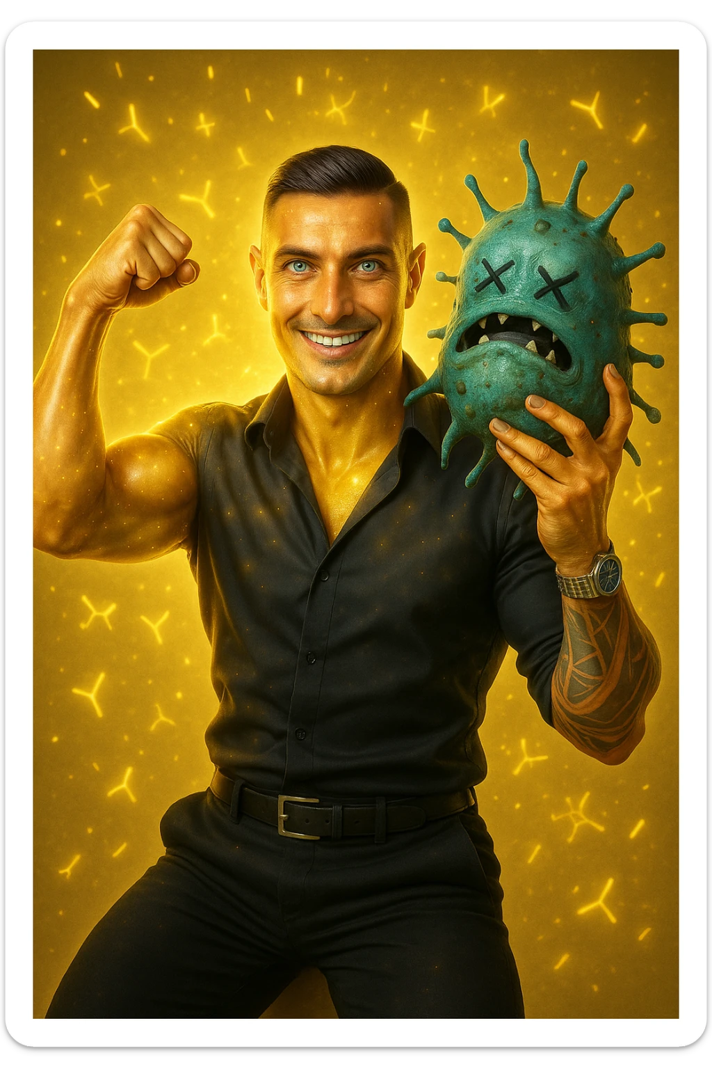 Un uomo atletico (30-40 anni) dalla pelle perfettamente liscia, senza cicatrici o imperfezioni, che emana un leggero bagliore dorato (metafora degli anticorpi).
Occhi brillanti con riflessi blu-verdi (simbolo di salute estrema).
Postura eroica, con un braccio sollevato in un gesto di forza, mentre con l'altro tiene un batterio gigante schiacciato come se fosse un mostro sconfitto. sticker