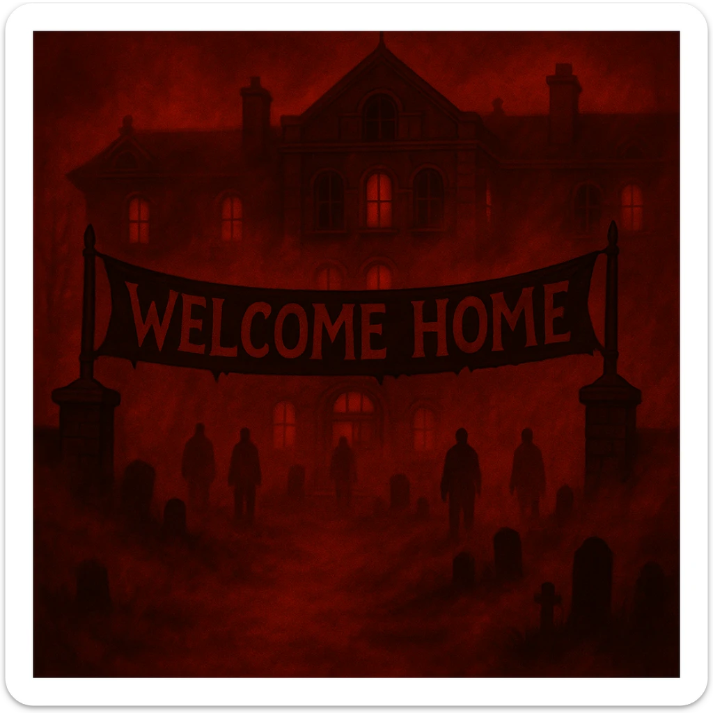 Change the color scheme to red and black with intense red fog and mist, creating an overall red horror palette. Keep all other details unchanged. sticker