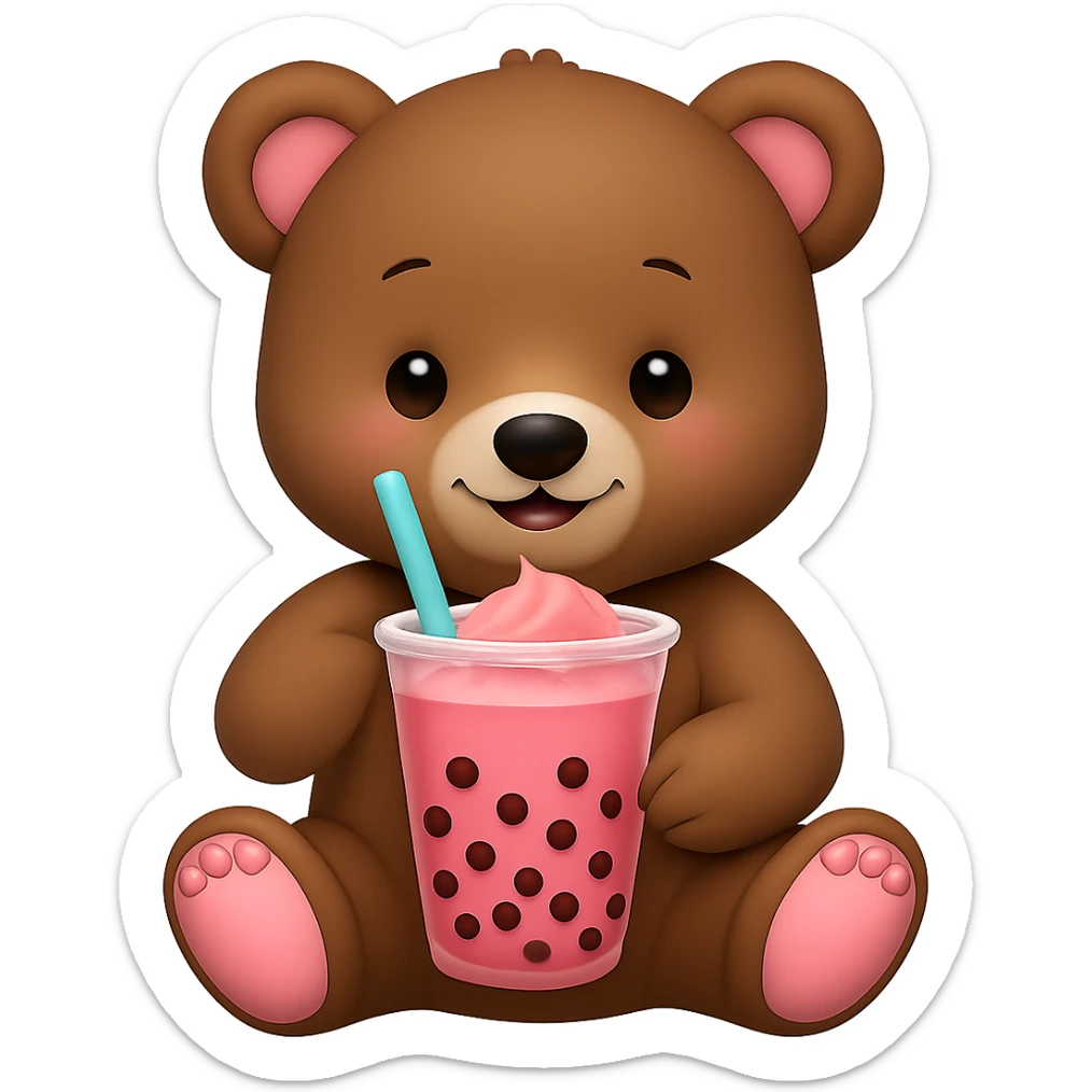 Change the boba tea to a strawberry flavor with pink color, keep the bear and style the same, no background. sticker