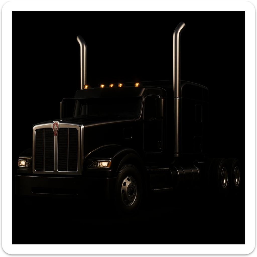 Edit the image of a 2026 Kenworth W680 flattop black semi sleeper with chrome stacks, no cans, dramatic lighting, with no background. Emphasize dramatic lighting and maintain the black semi sleeper style with no background. sticker