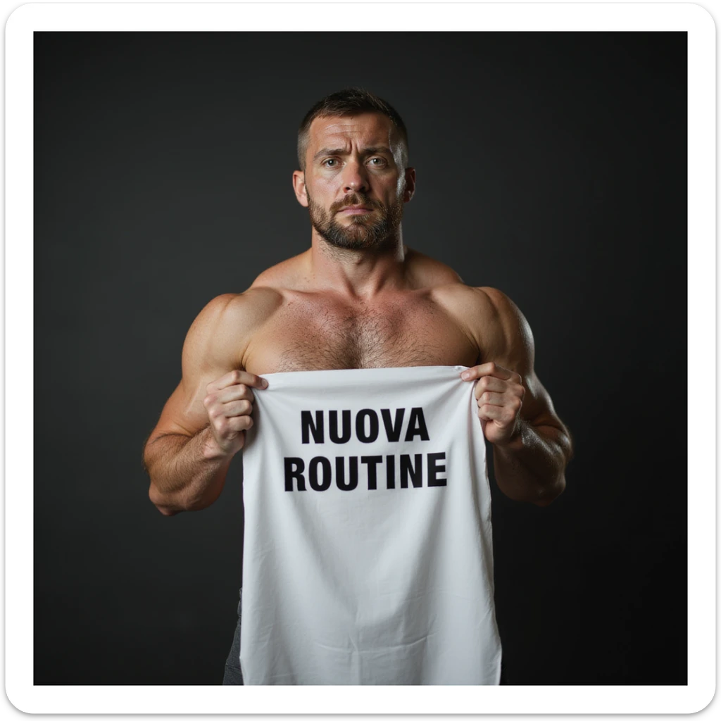 hyperrealistic 4K image of a muscular fitness man with a sad face holding a sheet with the text 'NUOVA ROUTINE', variation 12, no background sticker