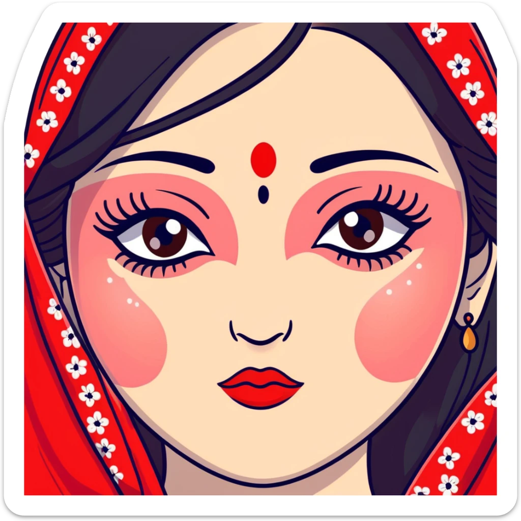 White girl with long oval shaped face, large almond shaped eyes with long eyelashes, long straight black hair falling in front of her bare shoulders, face closeup, with intricate patterned red and white gopi dots in a decorative design above eyebrows sticker