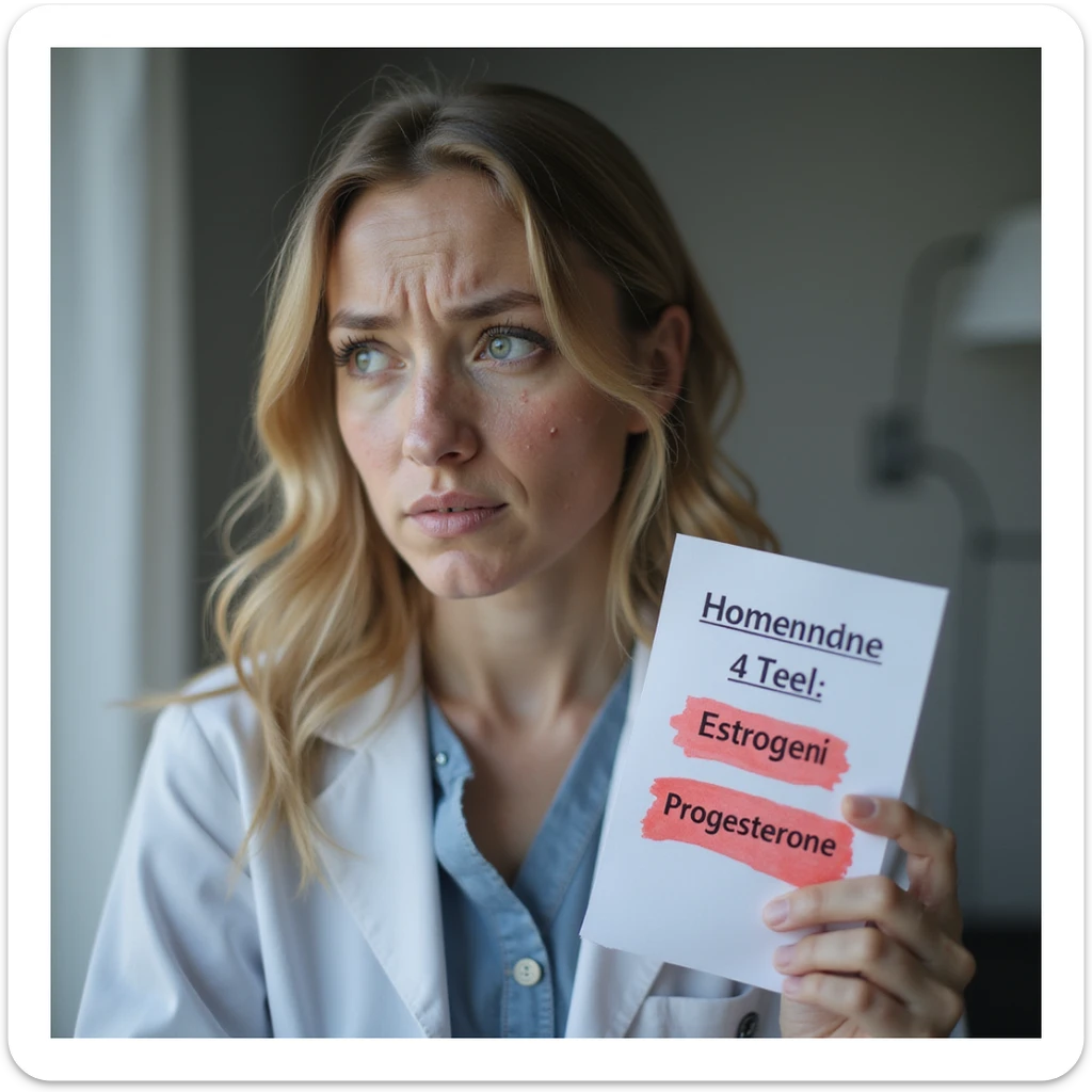 hyperrealistic 4K image of a woman with hormonal imbalance, next to her a blood test sheet with 'Estrogeni' and 'Progesterone' values highlighted in red, face with acne, confused expression, clinical environment sticker