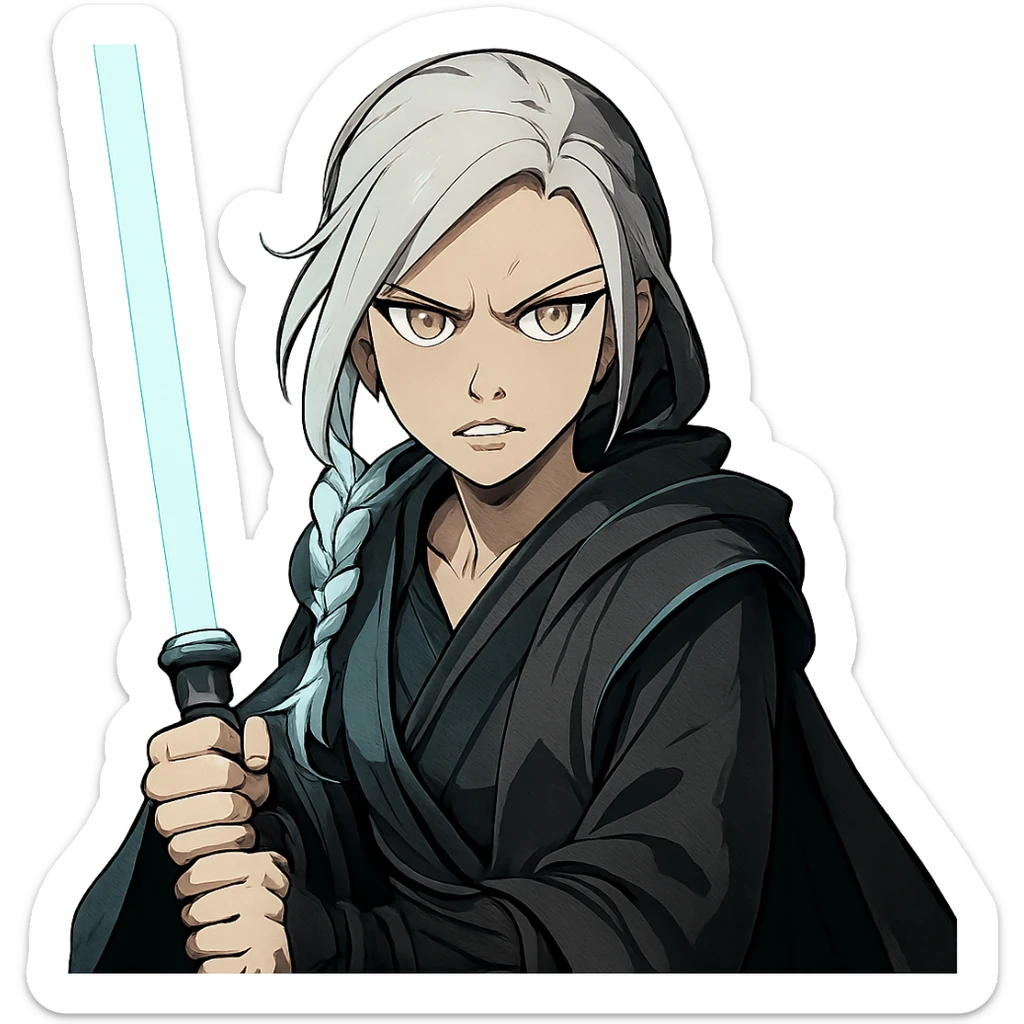  a closeup portrait of young woman with gold yellow eyes, white hair, long braid, black off-shoulder top, punk gothic style, futuristic cyberwave cyberpunk,  jedi attire and posture robes of a padawan, foreweilding a bright blue-green lightsaber, angry fierce face expression, power stance, 30-90 sticker