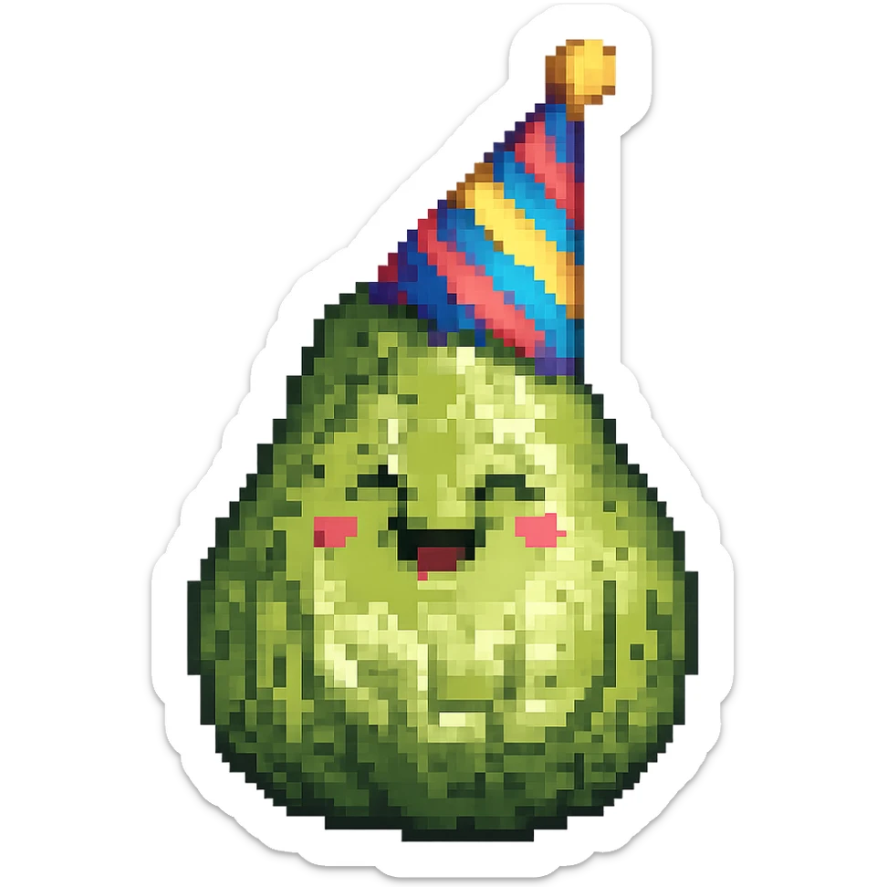 Add a colorful party hat to the happy pear in pixel art style. Keep the pixel art aesthetic and no background. sticker