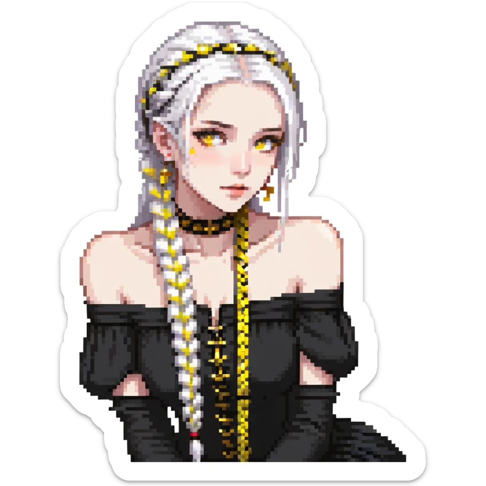 closeup portrait of young woman with gold yellow eyes, white hair in a long braid, black off-shoulder top, punk gothic style, futuristic cyberwave, sitting position sticker