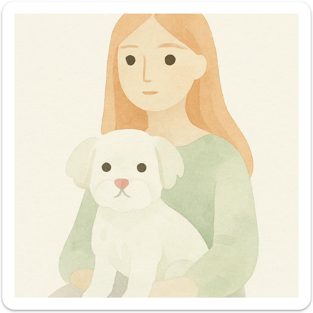 a white Maltese terrier with a pink nose on the lap of a girl with long strawberry blond hair and brown eyes, soft painterly style sticker