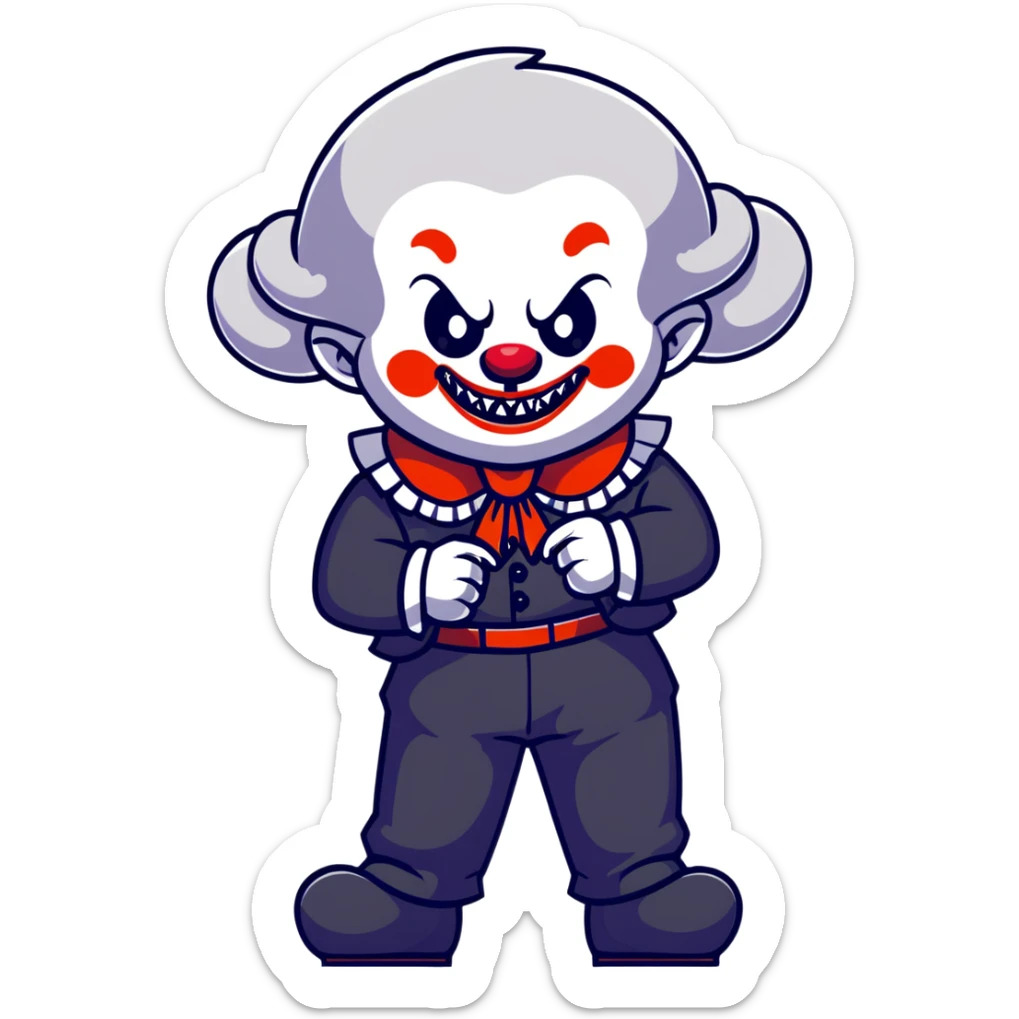 full-body demonic clown in black and white leisure suit with bellbottom pants, bald, black ram horns, flashy black and white belt, ruffled white shirt, no neck tie, large fangs, cartoon sticker style sticker