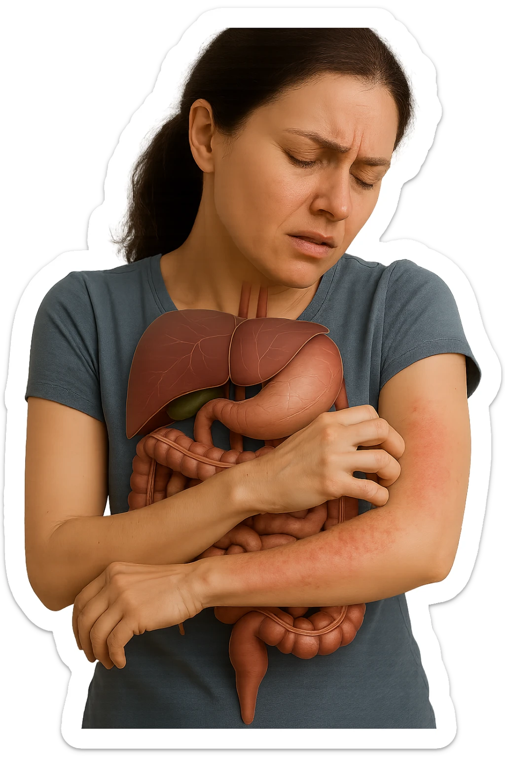 donna con intestino umano anatomico realistico che si gratta il braccio su cui ha un'eritema, iperrealistica 4k sticker