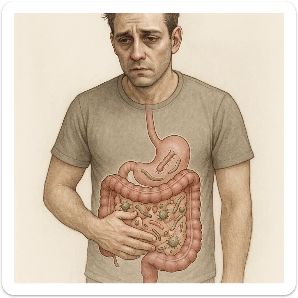 Realistic and medical illustrative style of a 35-year-old man with a distressed expression, hand on stomach, sunken eyes, dull skin. Transparent schematic intestine with parasites and bacteria in dysbiosis. sticker