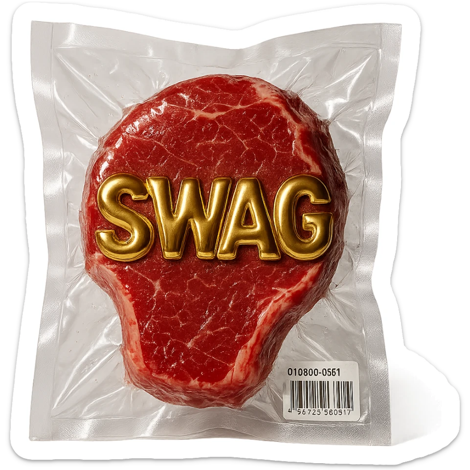 juicy steak with shiny gold 'SWAG' text across the surface, shiny and inflated vacuum-sealed style sticker