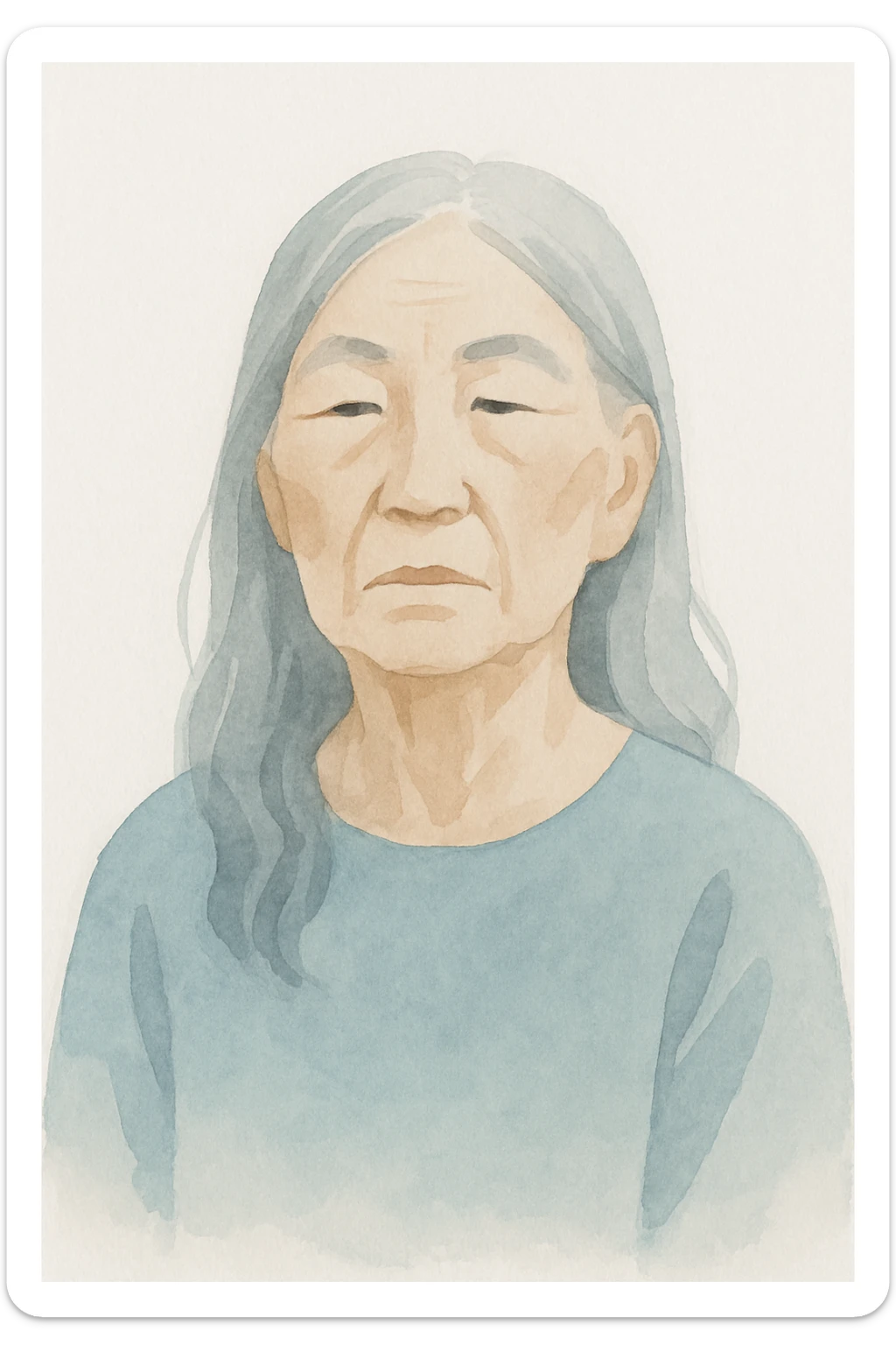 painterly portrait of old Asian woman with long grey hair and stoic expression sticker