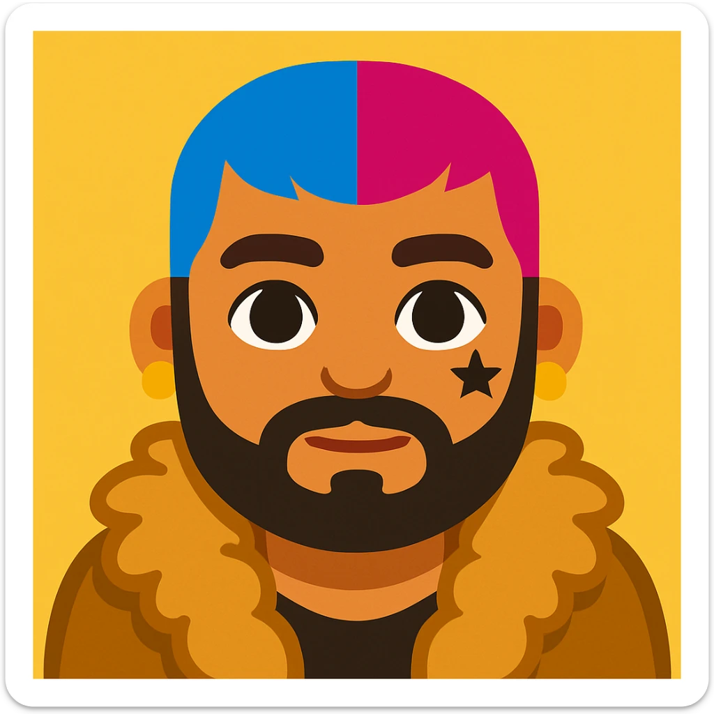 Create an emoji style image of a character with short blue and pink hair, beard, earrings, facial tattoo, wearing a fur coat, and natural skin tone. The style should resemble emoji style. sticker