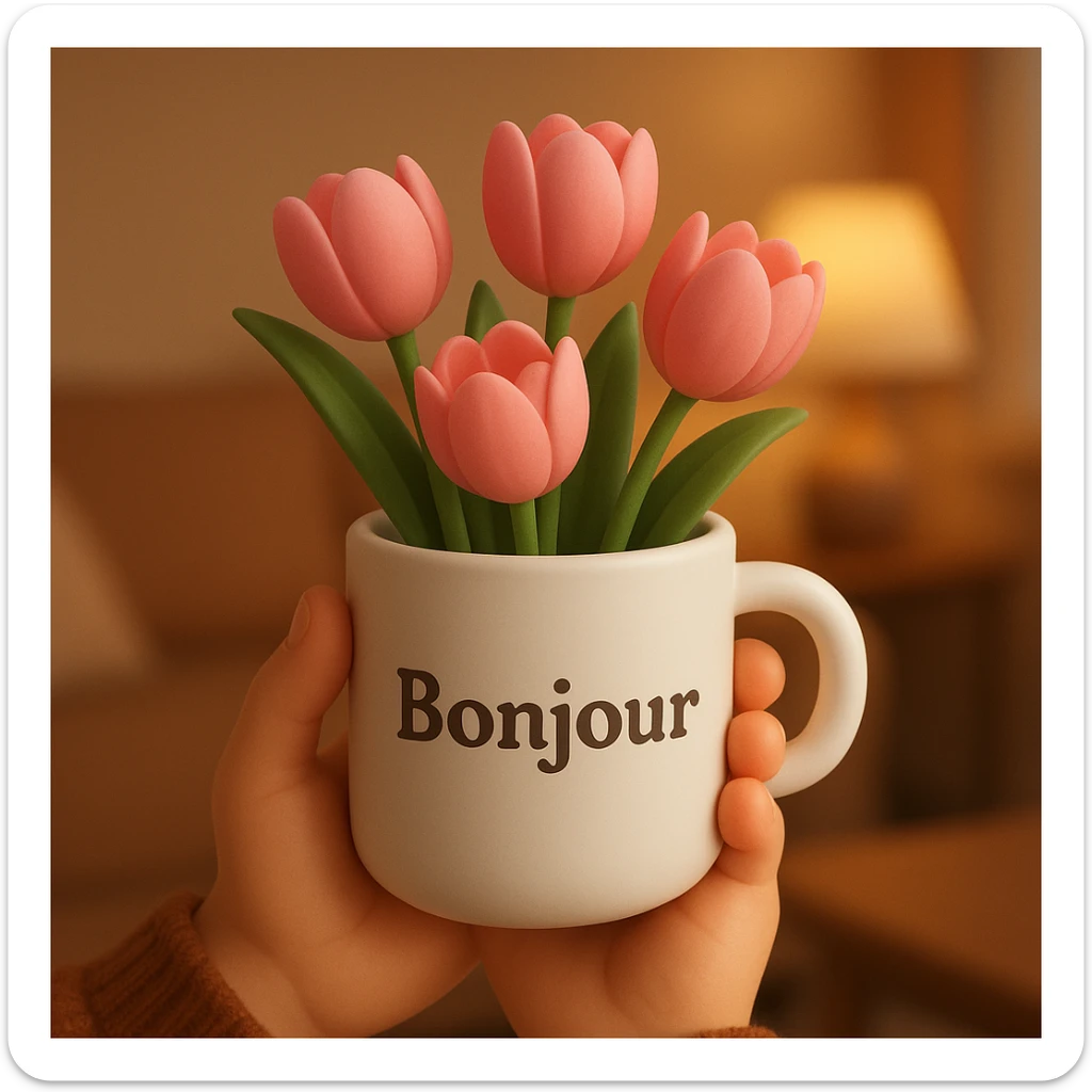 A pair of hands holding a white mug filled with pink tulips, with the word "Bonjour" written on the mug, in a 3D iOS style, with a warm, cozy setting. sticker