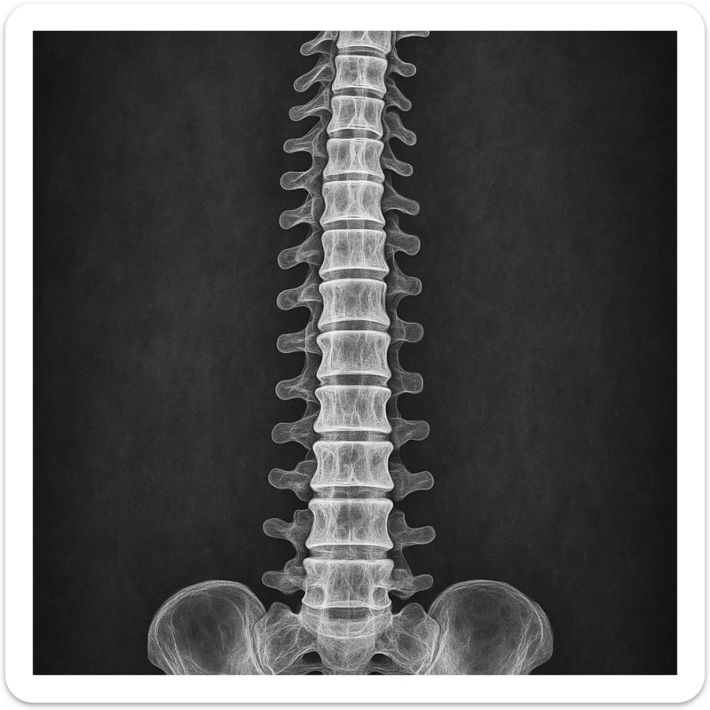 detailed X-ray style illustration of a human spine, monochrome, medical look sticker