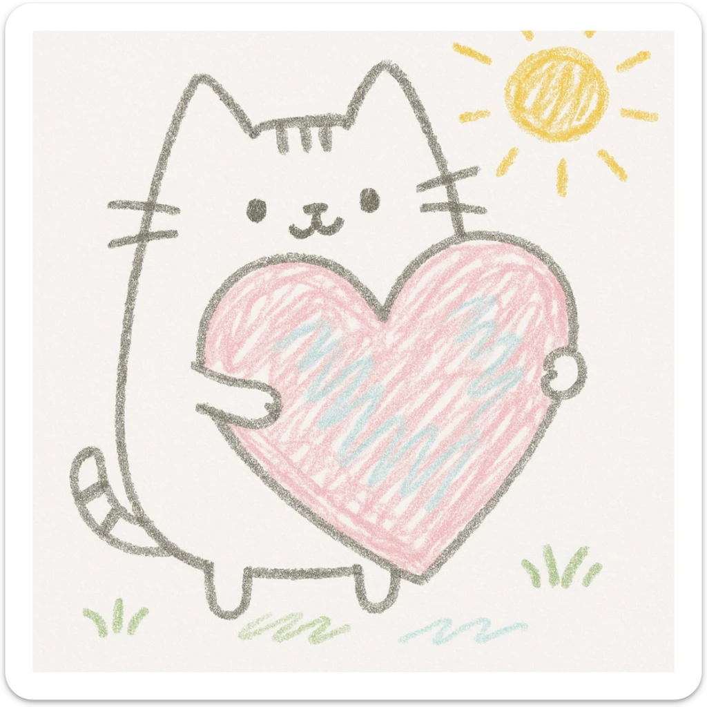 Pusheen hugging a big heart, pastel colors, adorable, children doodle style sticker