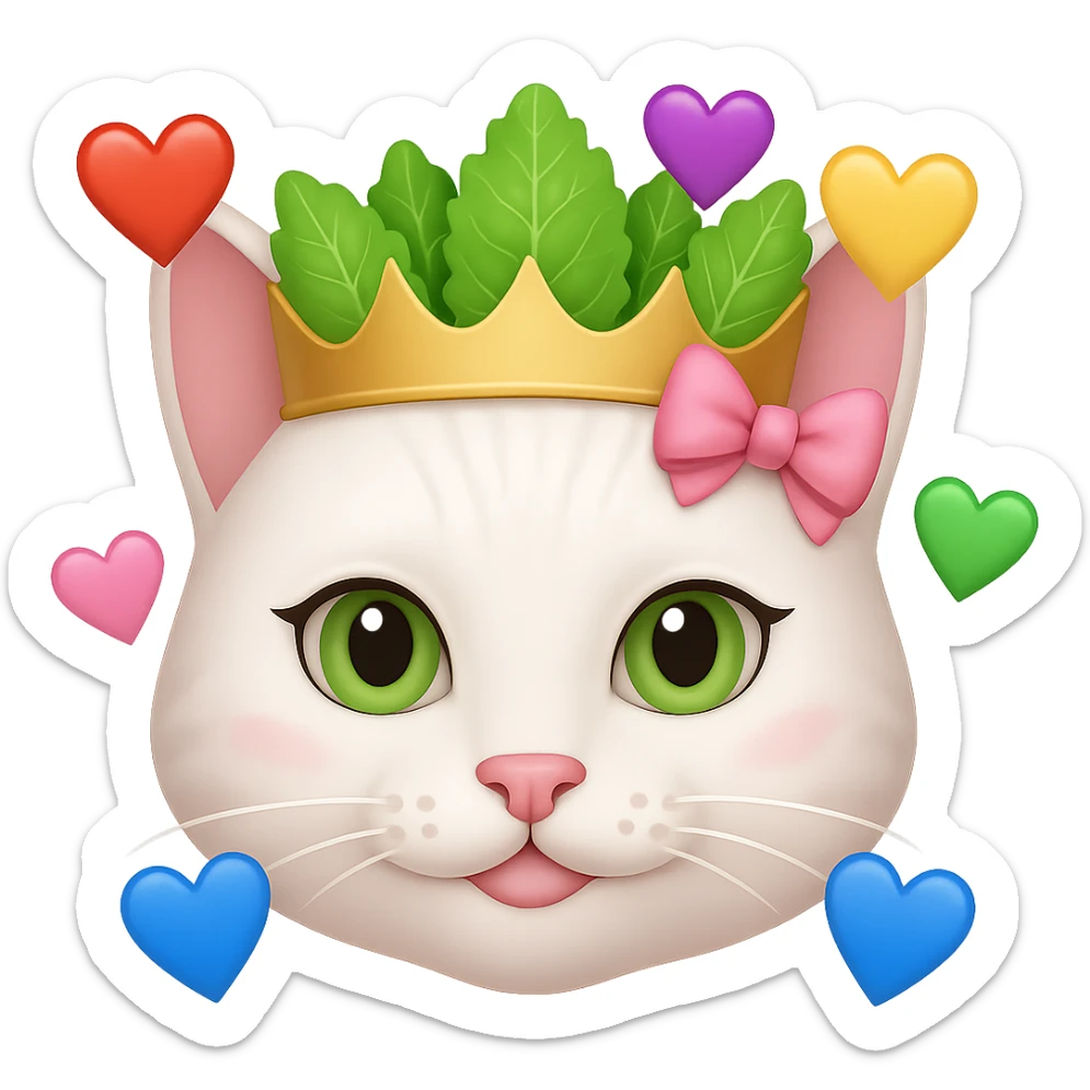 Add hearts around a white cat with a pink bow and a green lettuce crown in emoji style, no background. sticker