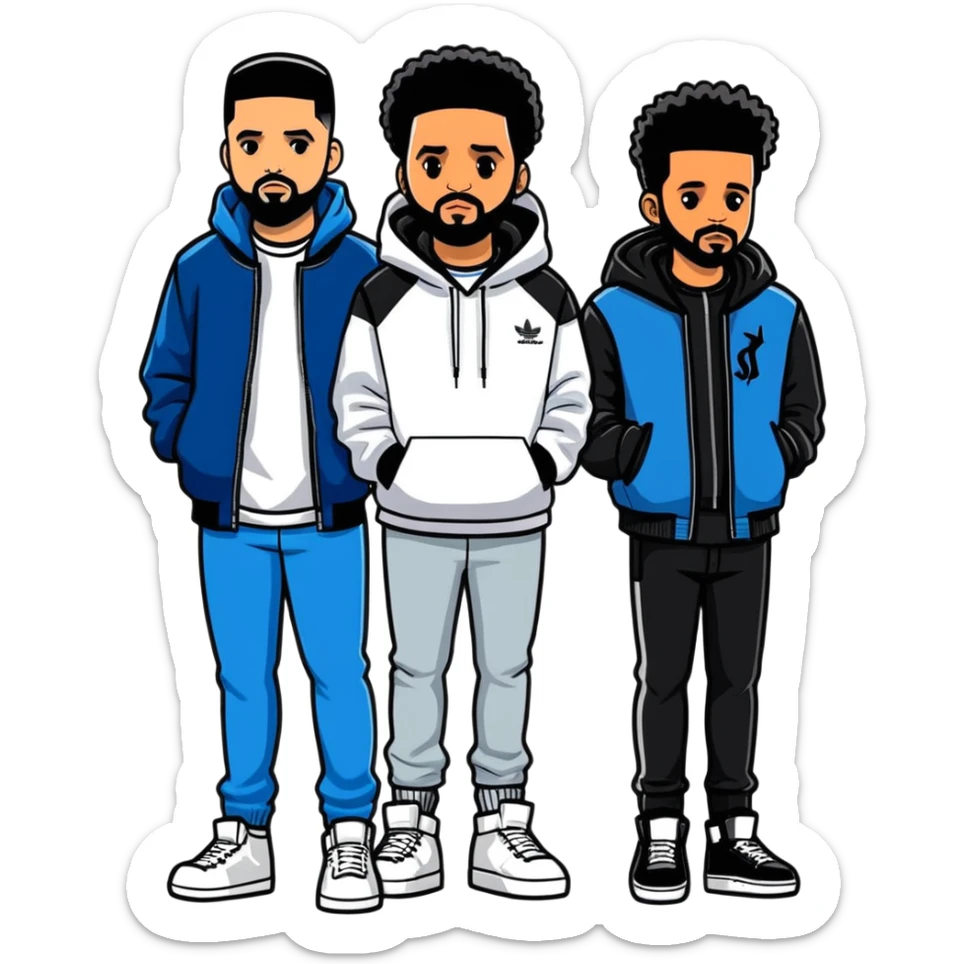 Toronto celebrities and musicians drake and the weeknd, illustration, sticker. must be ultra hyperrealistic, full body view of both people and mirco-detailed, 3D sticker design
 Must be 8k hd, 8000x8000px resolution. Must use very thin transparent smooth lines sticker