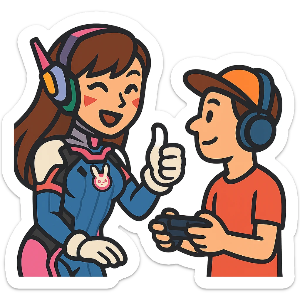 a cute Overwatch character like D.Va giving a thumbs-up to a casual player sticker
