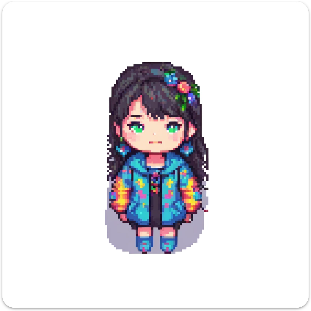 pixel art of a 17-year-old Korean girl, simple and expressive, vibrant colors, small sprite sticker